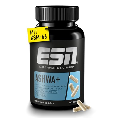 ESN Ashwa +, patentierter Ashwagandha Wurzelextrakt KSM-66®, 120 Kapseln, indische Schlafbeere, mit Anti-Stress Nährstoffen Magnesium, Vitamin B6 & Zink, vegan, geprüfte Qualität - made in Germany