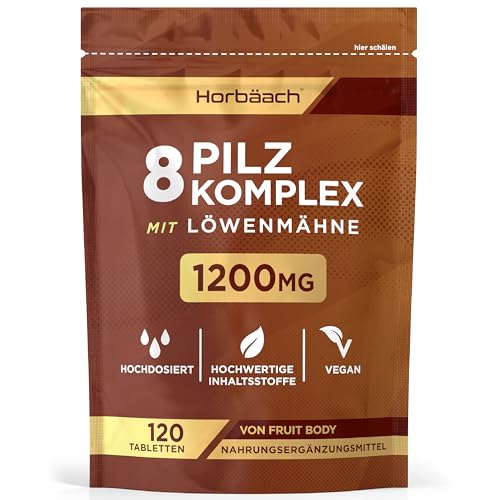 Pilz Komplex Kapseln 1200mg mit Lions Mane, Cordyceps, Chaga, Shiitake, Reishi, Maitake, Shaggy Mane & Oyster | 120 Pulver Kapseln | Vegane | by Horbaach